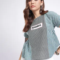 fusion by glitchez Checked Extended Sleeves Embroidered & Gathered Detail Top-picture-34