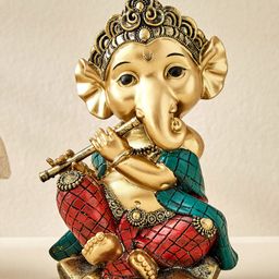 Home Centre Ganesha With Flute Gold-Toned Religious Figurine Showpiece-picture-9