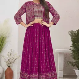 Chandbaali Embroidered Sequinned Round Neck Ready to Wear Lehenga & Choli With Jacket image 4