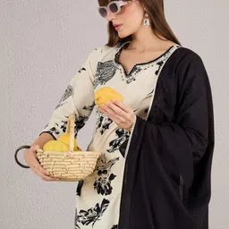 Indo Era Women Floral Printed Regular Thread Work Pure Cotton Kurta with Trousers & With Dupatta-picture-36