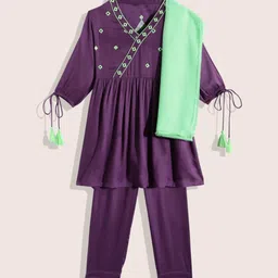 HERE&NOW Girls Embroidered Regular Thread Work Kurta with Palazzos & With Dupatta image 1