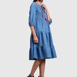 R.Code by The Roadster Life Co. Embroidered Denim A-Line Midi Dress image 2