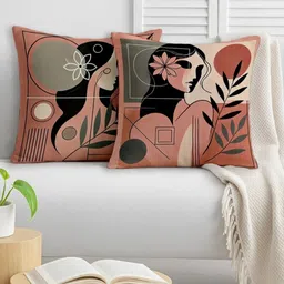 STITCHNEST Peach-Coloured & Black 2 Pieces Abstract Satin Square Cushion Covers-image-51