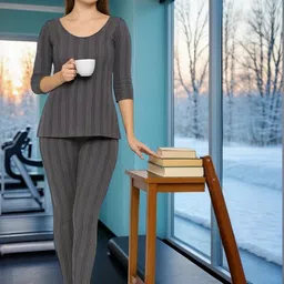 REVEXO Women Striped Round Neck Thermal Set-image-48