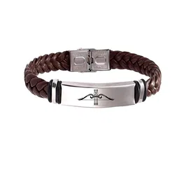 M Men Style Men Leather Silver-Plated Om Dhanush Braided Wraparound Bracelet image 5