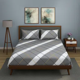 WEAVE AND DECOR Grey & White Checked Pure Cotton 300 TC Double Bedsheet Set 2.28 x 2.28 m-picture-36