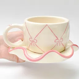 QSHI STUDIO Cream & Pink Ceramic Glossy Microwave Safe Set of Cups and Saucer image 5