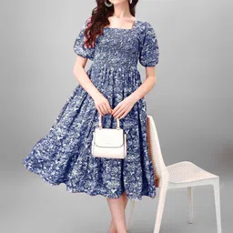 Krunal Raiyani Women Floral Printed Smocked Midi Fit and Flare Dress-image-12