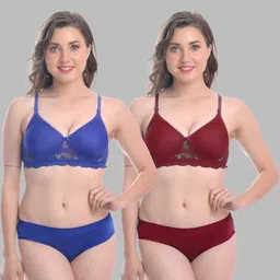 samvar Women Blue,Maroon Cotton Blend Bra Panty Set for Lingerie Set Undergarments Pack of 2-picture-35