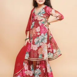 BAESD Girls Floral Printed Angrakha Kurta With Sharara & Dupatta image 4