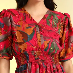 CORSICA Abstract Printed V-Neck Puff Sleeve A-Line Midi Dress image 4