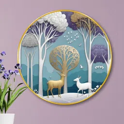 Livin'luxe Blue & White Deer Wall Hallway Round Portrait Painting Wall Art 20" x 20" image 2