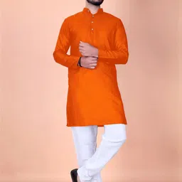 click n buy Men Solid Straight Kurta (Orange)-picture-23