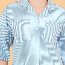 Chemistry Women Vertical Stripes Cotton Roll-Up Sleeves Shirt Style Top image 5