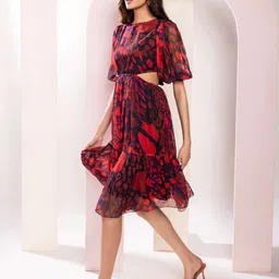 POPPI Women Abstract Printed Cut-Outs Fit & Flare Dress image 5