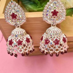 MEIRA JEWELLERY Silver-Plated Artificial Stones Studded & Beaded Dome Shaped Jhumkas-picture-26