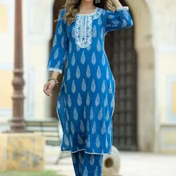 Moda Rapido Women Ethnic Motifs Printed Regular Thread Work Chanderi Cotton Kurta with Trousers & With image 3