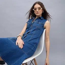 StyleStone Women Denim Shirt Collar Midi Dress-image-0