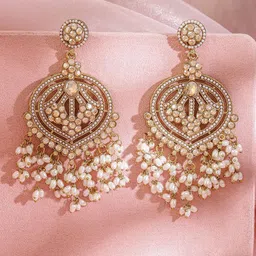 Rubans 18K Gold-Plated Artificial Stones Studded & Beaded Contemporary Shaped Drop Earring-picture-38