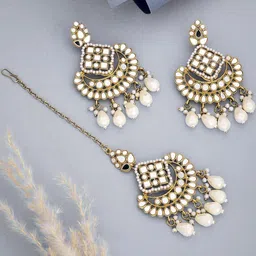 Anouk Set of 2 Gold Plated & White Mirror Stone Studded floral shaped Maangtikka & earrings-picture-13