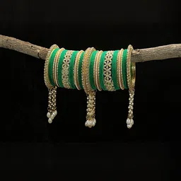 GLIKA Green Metal Base Zircon Gemstone Pearl Studded Latkan Bangle Set-picture-29