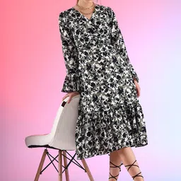 De La Moda Women Floral Print V Neck Flared Sleeve Tiered Wrap Midi Dress image 1