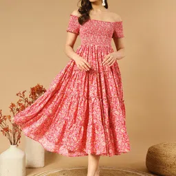 OTABU Floral Print Off-Shoulder Cold-Shoulder Crepe A-Line Midi Dress-picture-32