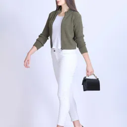 Winter Wonders Women Ribbed Mock Collar Crop Cardigan Sweater image 5