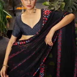 GHAN SALS Floral Print Baluchari Saree with Unstitched Blouse Piece image 3