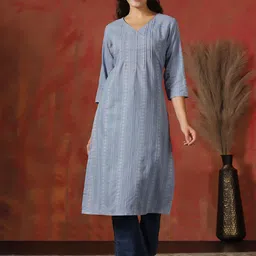 Shree V-Neck Three-Quarter Sleeves Cotton Straight Kurtas-image-33