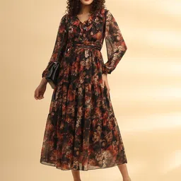 Justin Whyte Floral Print Bell Sleeve Georgette Empire Midi Dress-picture-37