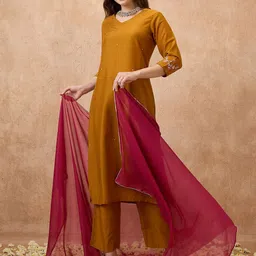 Globus V-Neck Sequinned Straight Kurta With Pants & Contrast Dupatta Festive Set-image-59