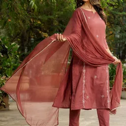 J.KANJI Women Ethnic Motifs Embroidered Regular Thread Work Kurta with Trousers & With Dupatta image 2