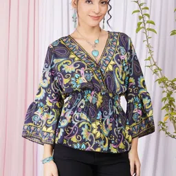 Boholyfe Print Flared Sleeve Bohemian Wrap Top-picture-24