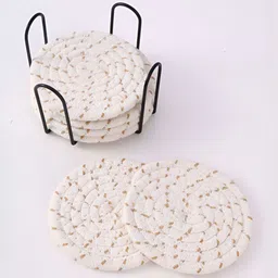 TIED RIBBONS Brown & White 6 Pieces Woven Design Round Cotton Coasters With Holders image 5