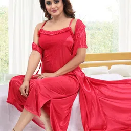 LIFE-TALE Women Red Satin Nightdress-image-4