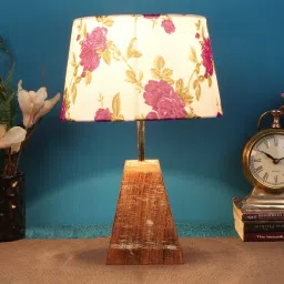 foziq Purple & White Shade Table Lamp With Brown Woodden Base image 1