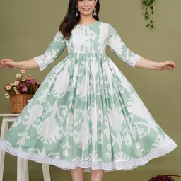 pristyle Women Ethnic Dress Light Green, White Below Knee Dress-picture-11