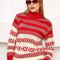 T7 Women Geometric Striped Turtle Neck Pullover Sweater-picture-29