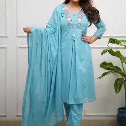 Art Avenue Floral Embroidered Mirror Work A-Line Pure Cotton Kurta With Trousers & Dupatta image 5