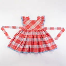 Soleilclo Women Red Lace Trims Cotton Frill Sleeves Plaid Dress-picture-29