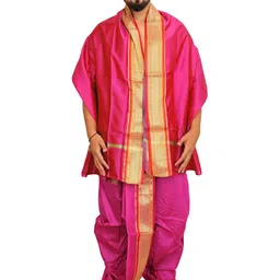 Exotic India Art Silk Ready to Wear Dhoti and Veshti Set with Woven Golden Border-picture-29