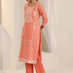 Libas Floral Printed Thread Work Chanderi Silk Straight Kurta With Trousers And Dupatta image 5