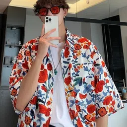 KPOP Men Original Oversized Regular Fit Floral Printed Spread Collar Cotton Casual Shirt-picture-39