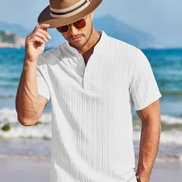 Zombom Men Cotton Band Collar Striped Kurta-image-3