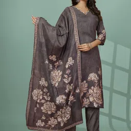 HARIKS Women Floral Printed Regular Thread Work Pure Cotton Kurta with Trousers & With Dupatta-picture-27