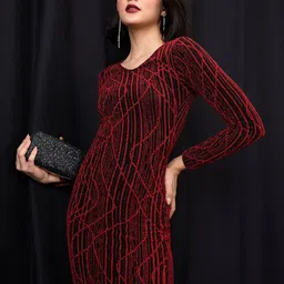 Globus Women Red Self Design V-Neck Long Sleeves Embellished Bodycon Maxi Party Dress-image-8