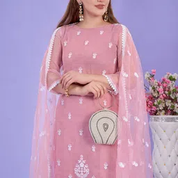 HERE&NOW Women Ethnic Motifs Embroidered Regular Thread Work Kurta with Trousers & With Dupatta image 2