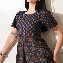 Sangria Ajrak Printed Cotton Round Neck Fit & Flare Midi Dress image 3