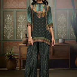 Inddus Ethnic Motifs Printed & Embroidered Top With Palazzo Co-Ords-picture-10